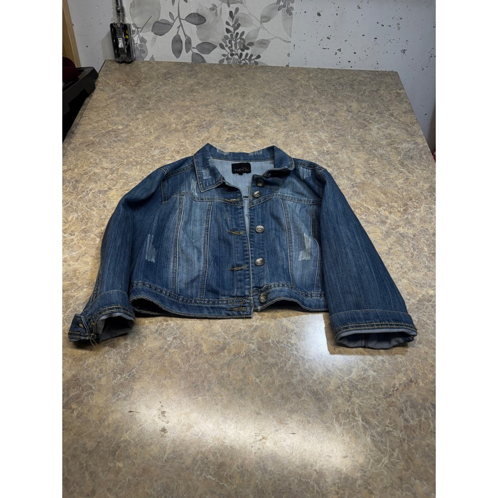 rue21 Womens Medium Wash Distressed Cropped Denim Trucker Jacket Size L